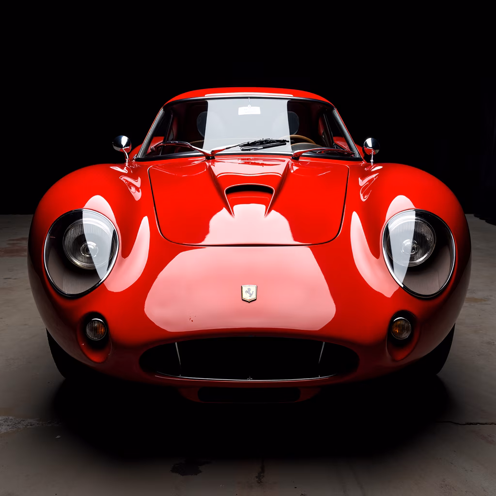 Classic Ferrari sports car in striking red, captured in high detail against a dark backdrop.