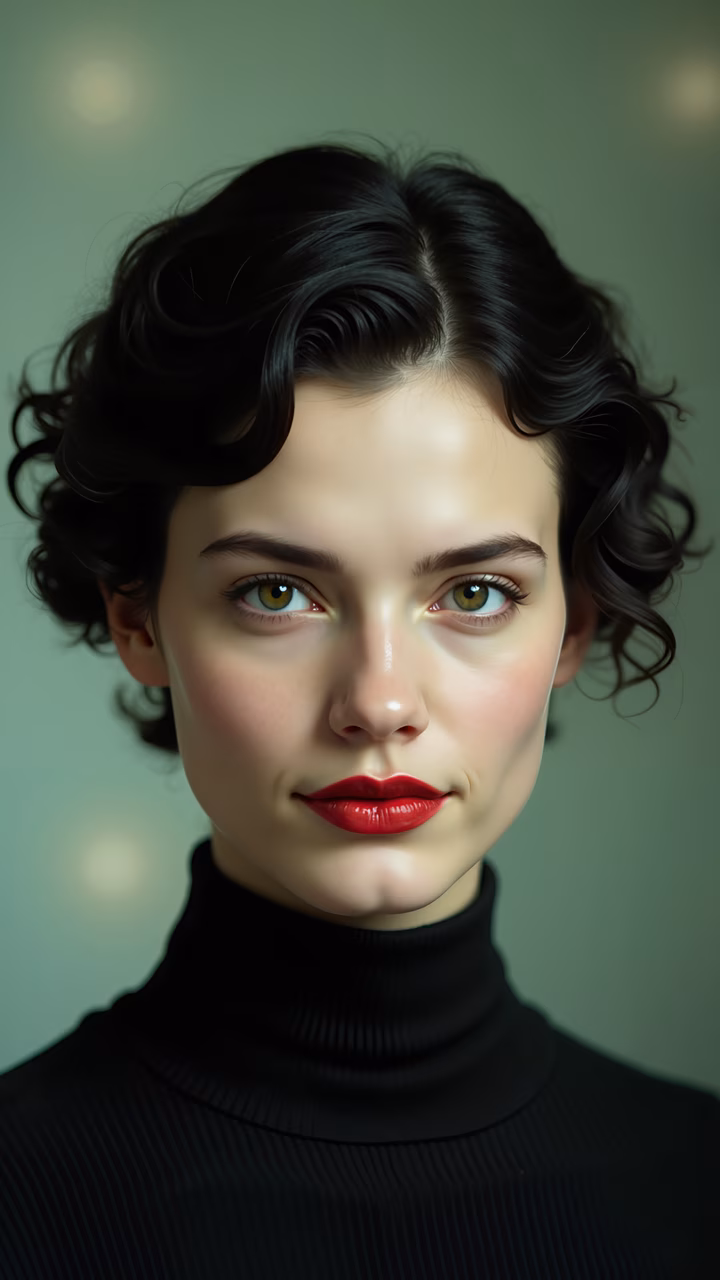 Vintage portrait of a woman with curly black hair and bold red lipstick, wearing a black turtleneck sweater against a soft green background.