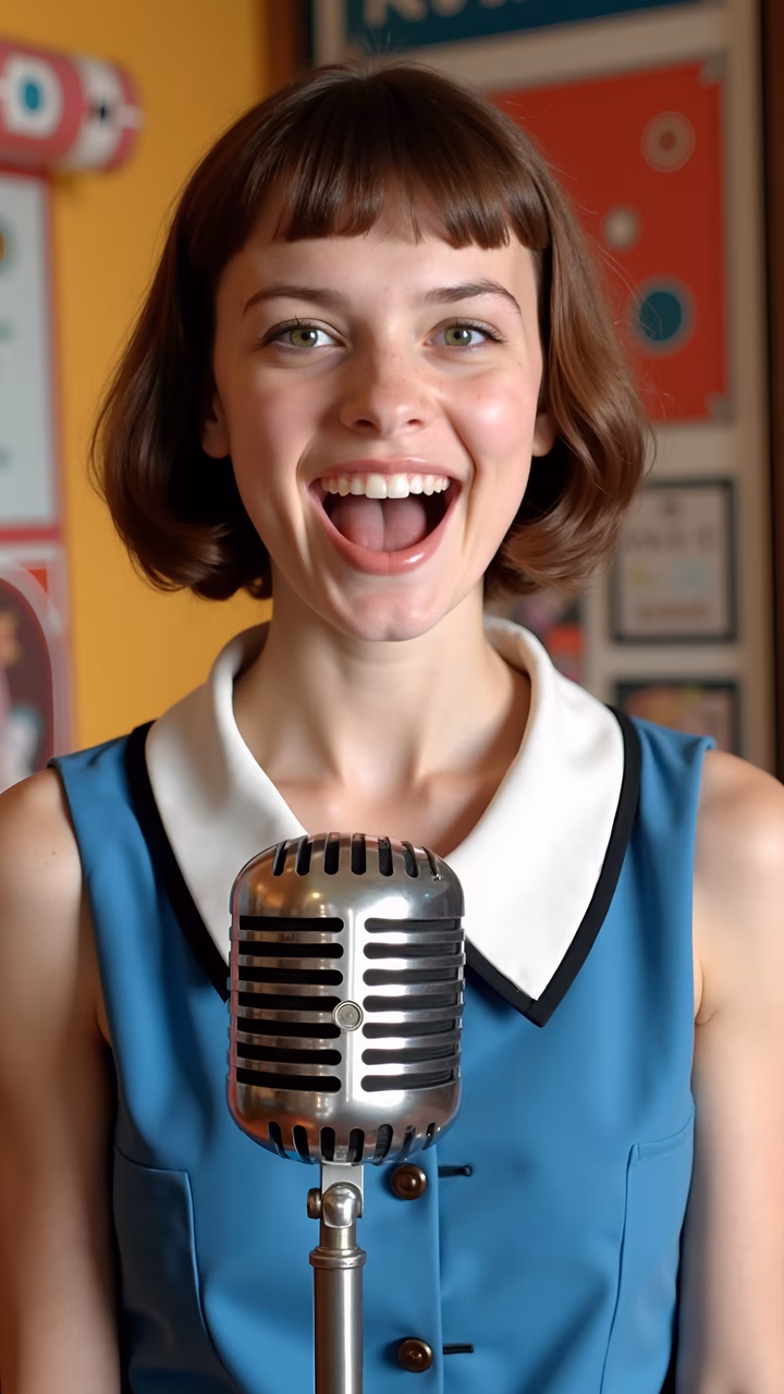 Joyful vintage singer with retro microphone and colorful background.