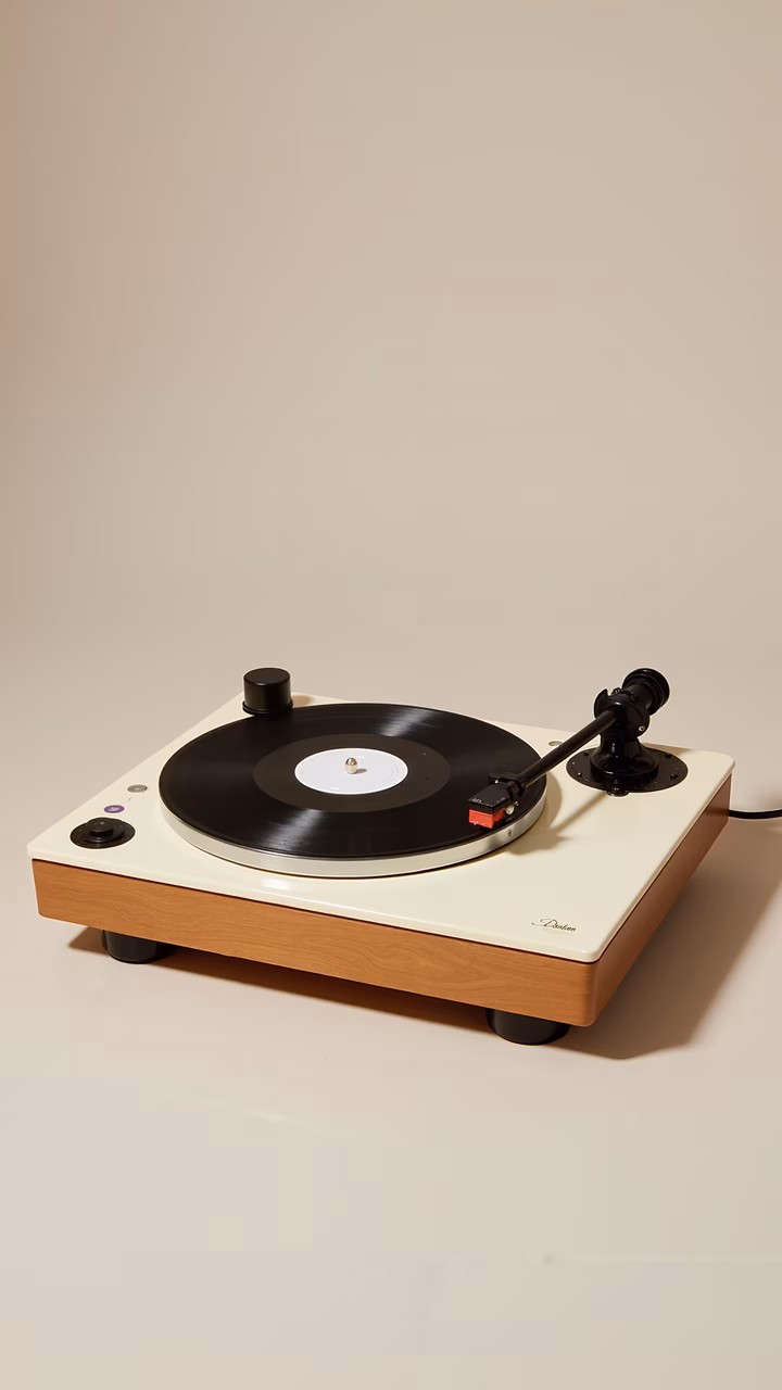 Vintage vinyl record player with a minimalist design and soft lighting.