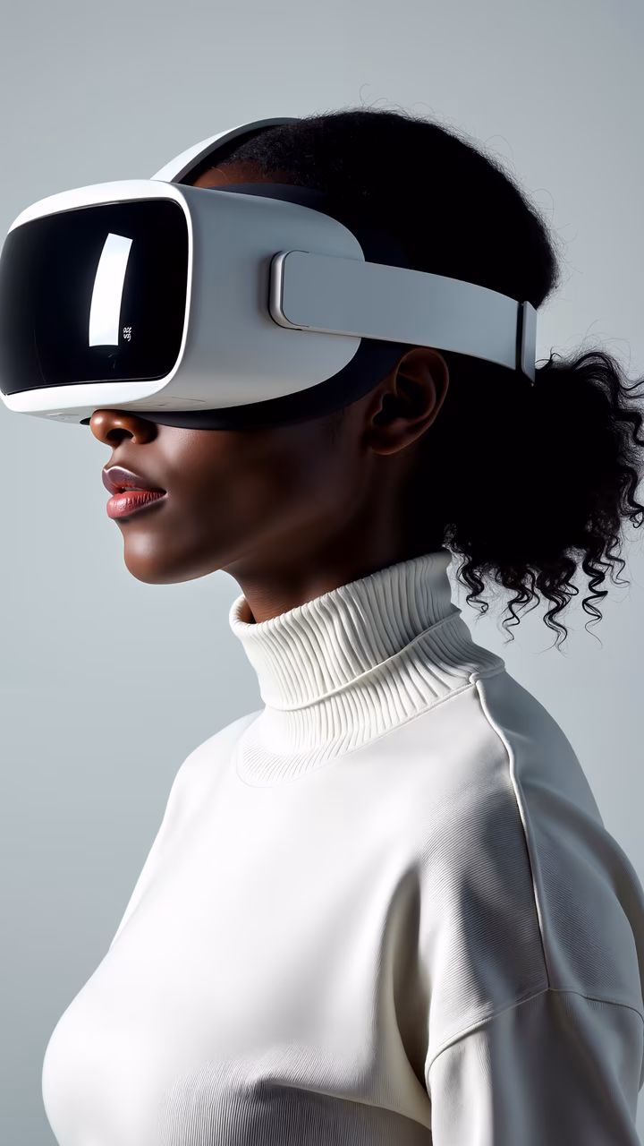 Woman wearing VR headset exploring virtual reality.