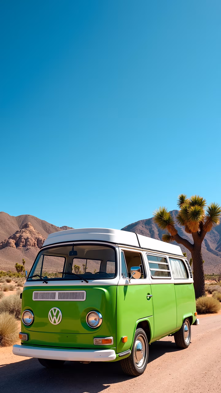 Vintage VW camper van in a desert landscape, perfect for travel enthusiasts.