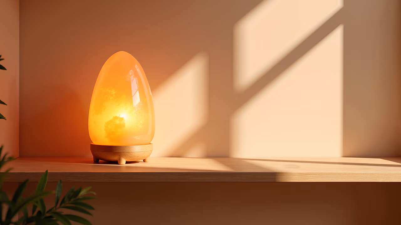 A warm, glowing lamp casting soft shadows in a minimalist interior setting.