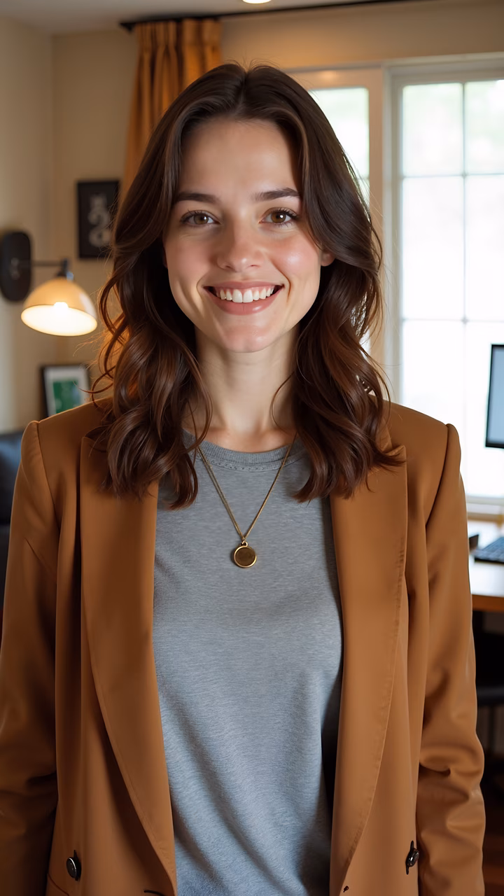Close-up portrait of a smiling individual in a cozy indoor setting.