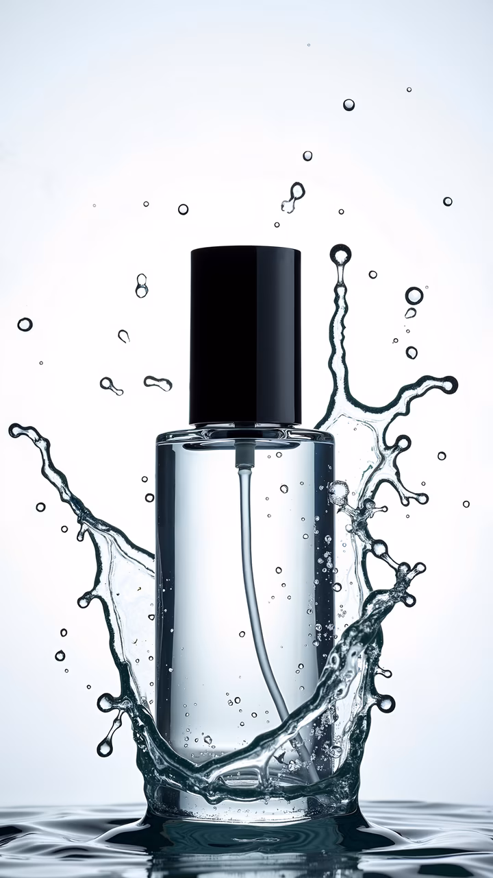 Minimalist product photography featuring a sleek bottle with dynamic water splashes.
