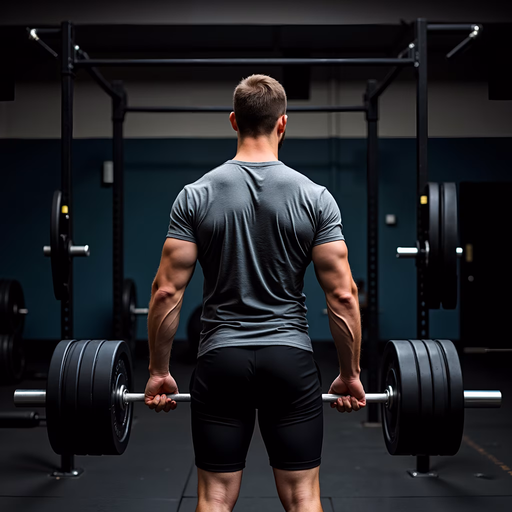Muscular individual lifting heavy weights in a gym environment.