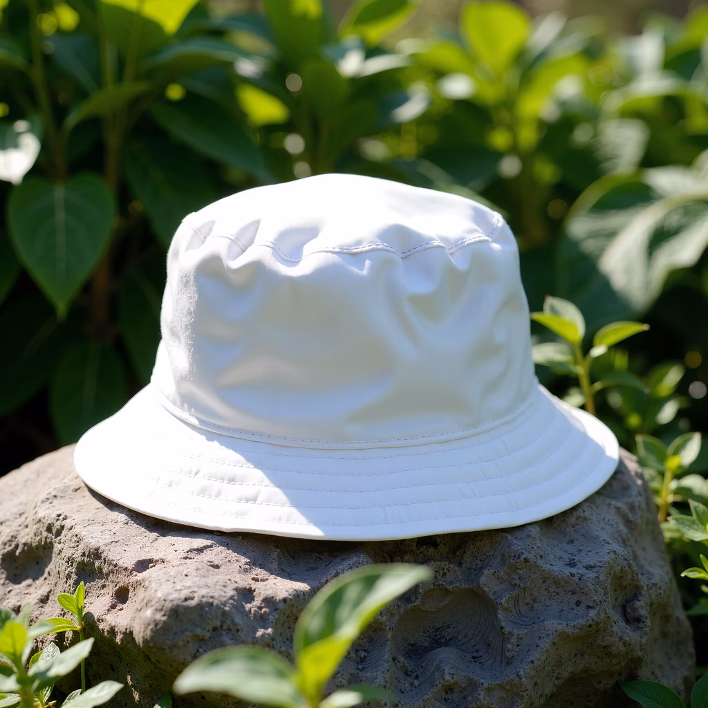 A white bucket hat on a rock amidst greenery, captured in natural light.