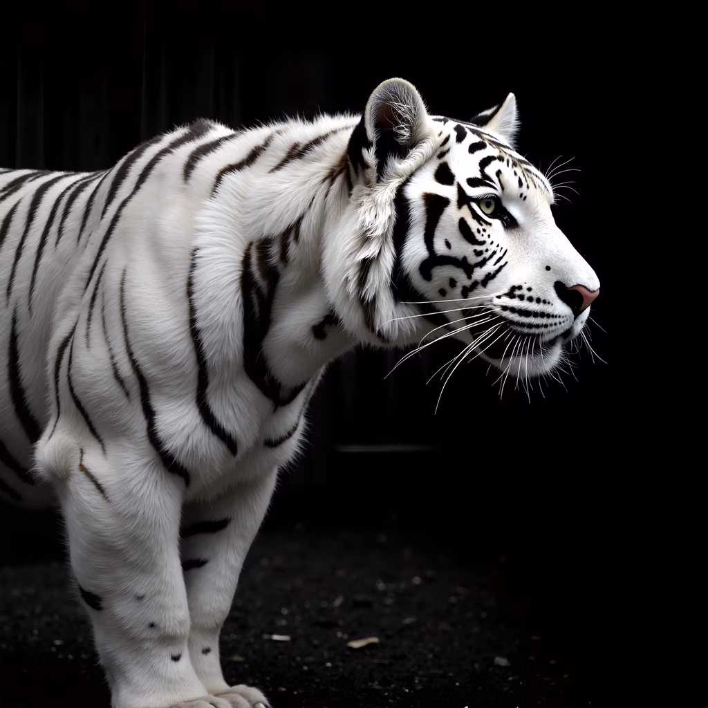 Close-up of a majestic white tiger with striking black stripes, set against a dark background.