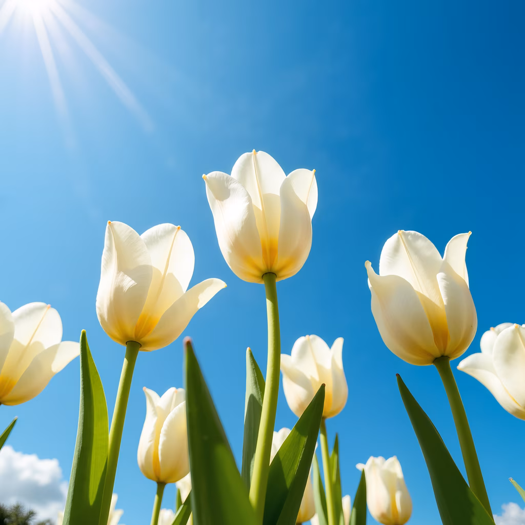 Bright white tulips against a clear blue sky, capturing the essence of spring.