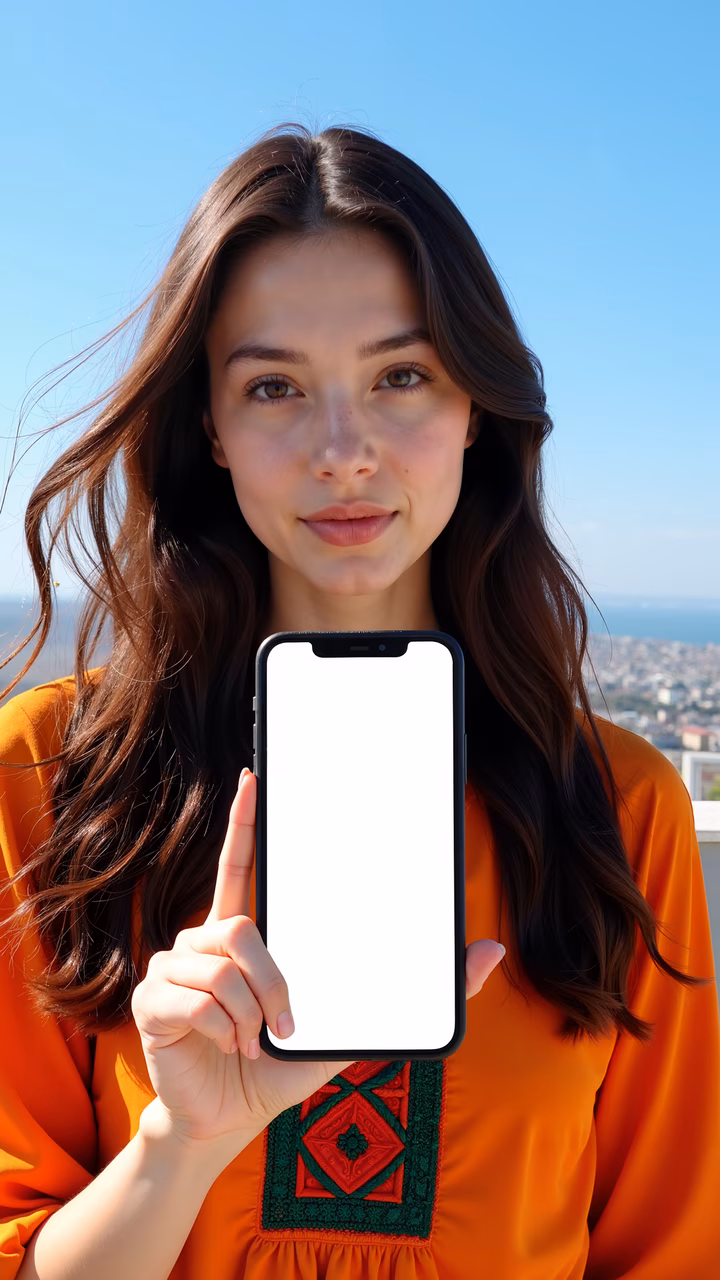 Woman holding a blank-screen smartphone against a scenic backdrop.