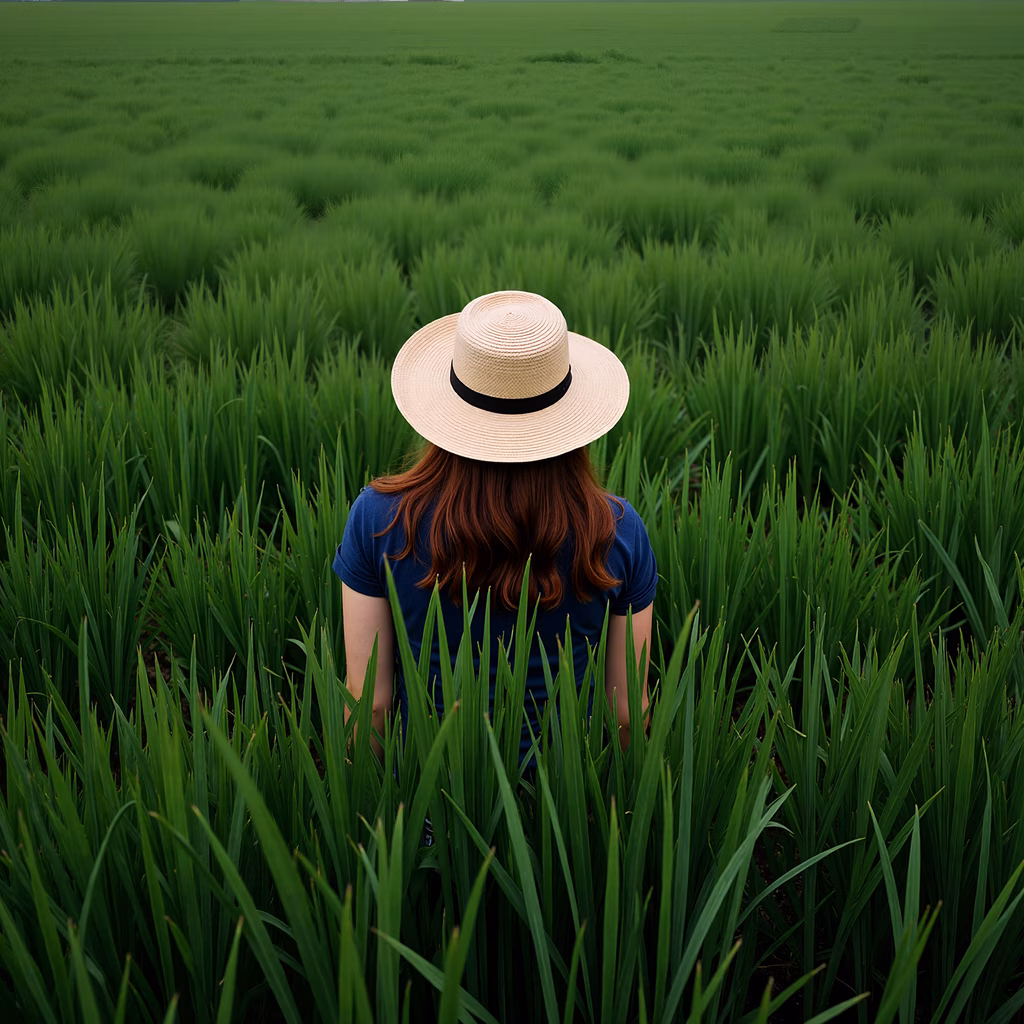 Woman in straw hat amidst green wheat fields, evoking tranquility.