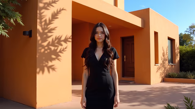 Woman in Black Dress Outside Orange House