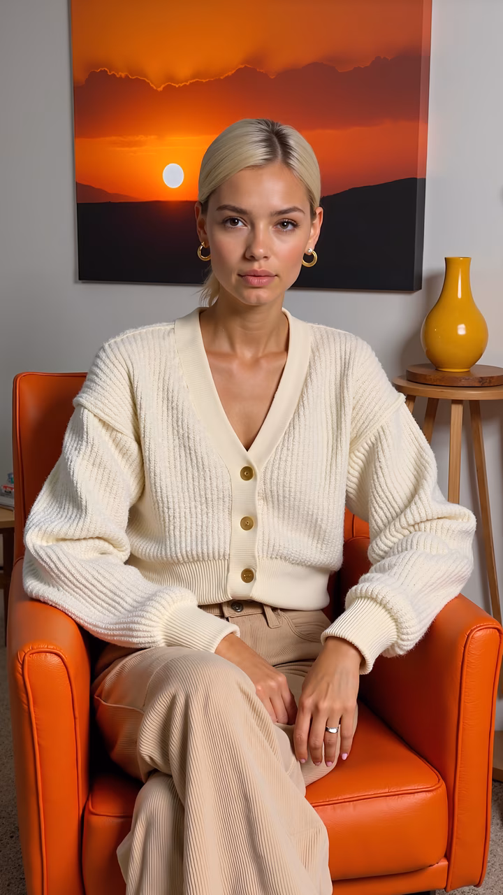 Comfortable fashion portrait with a warm sunset backdrop.