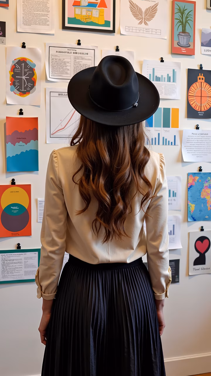 Woman in hat examining colorful artwork on a wall, blending creativity and intellect.