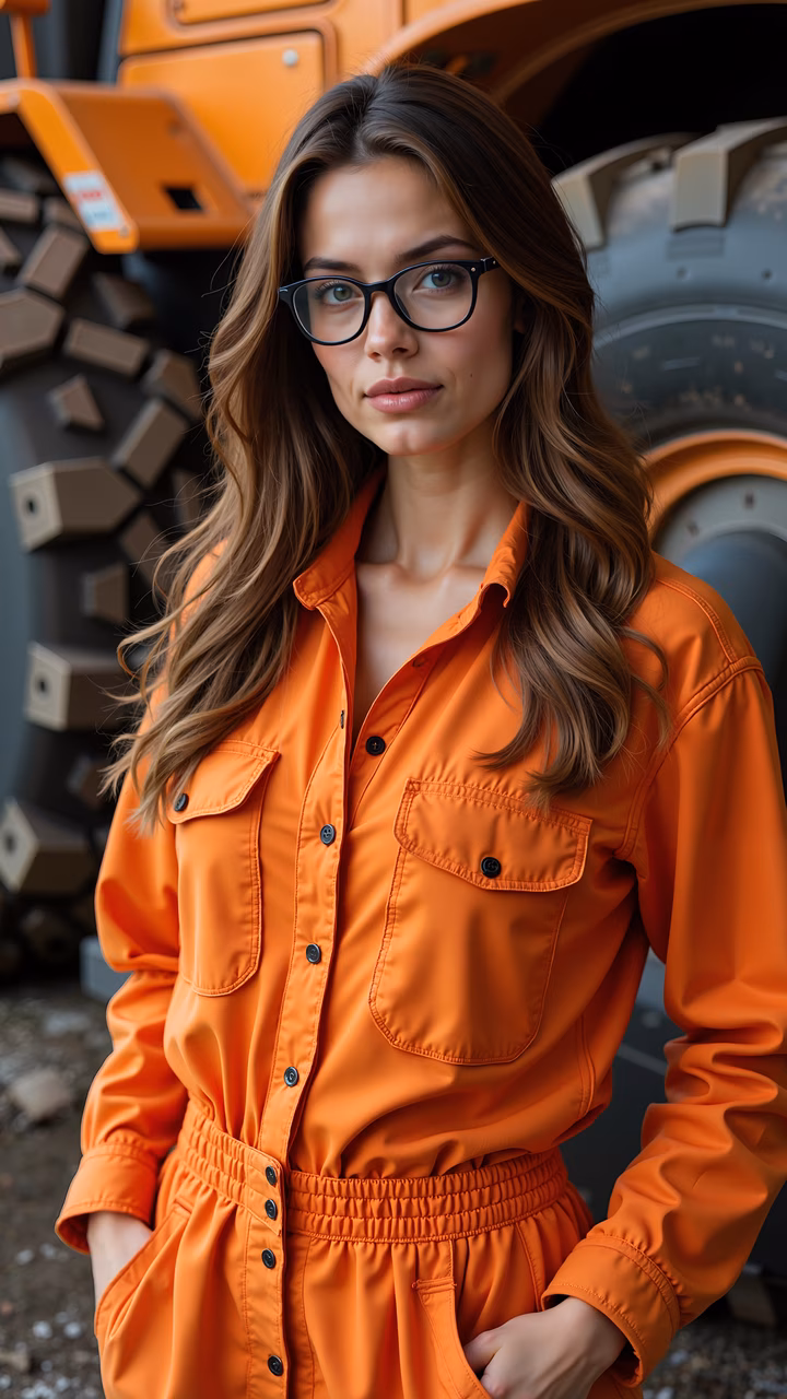 Confident woman in bright orange jumpsuit standing in front of a large orange construction vehicle.