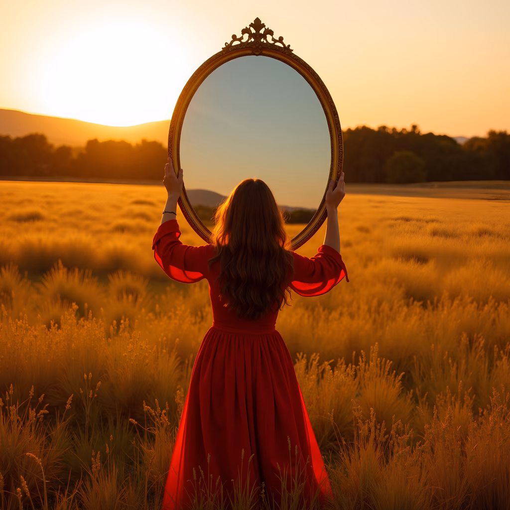 Woman in red dress holding mirror against golden sunset backdrop