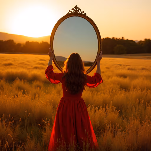 Woman in Red Dress Holding Mirror