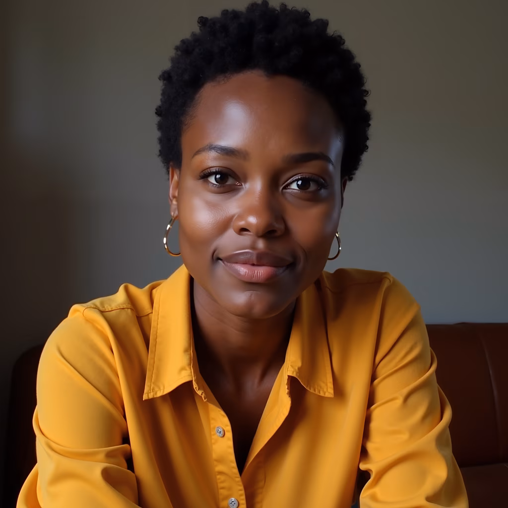 Close-up portrait of a woman in a yellow shirt, neutral background, warm tones.