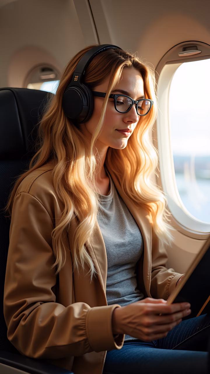 Woman listening to music on an airplane, enjoying a peaceful flight.