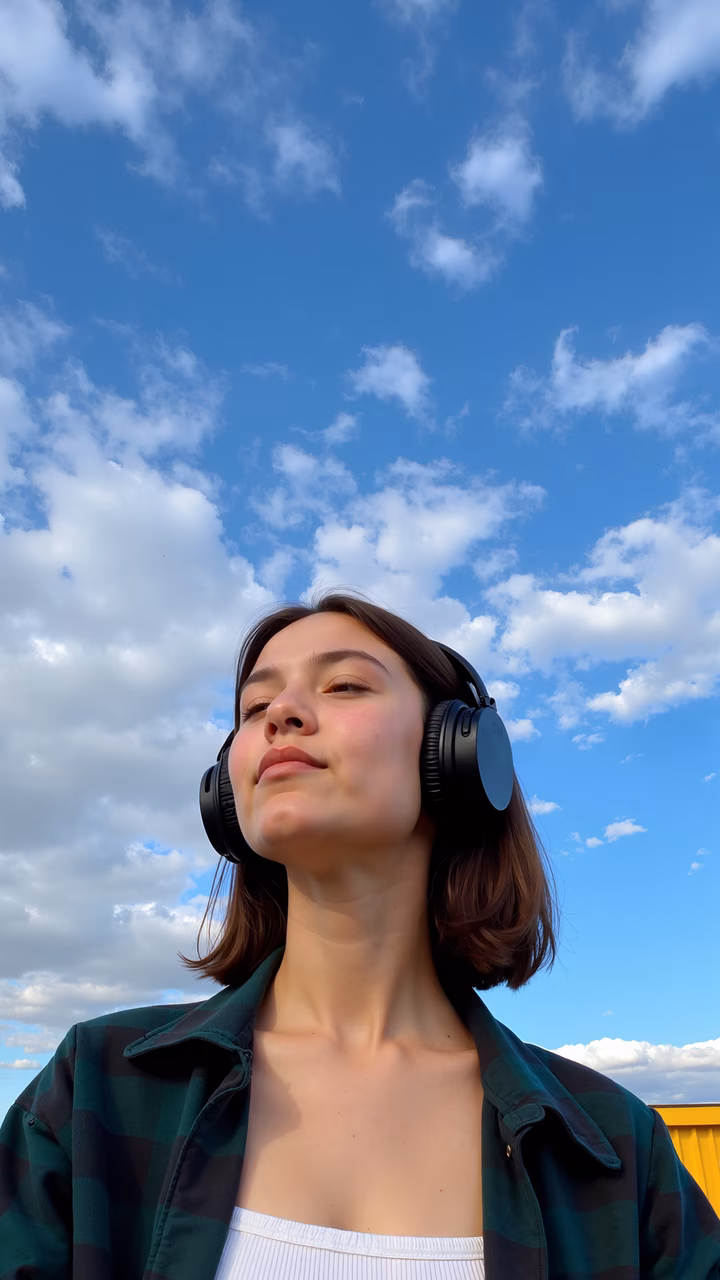 A woman listening to music under a clear blue sky, exuding calmness and relaxation.
