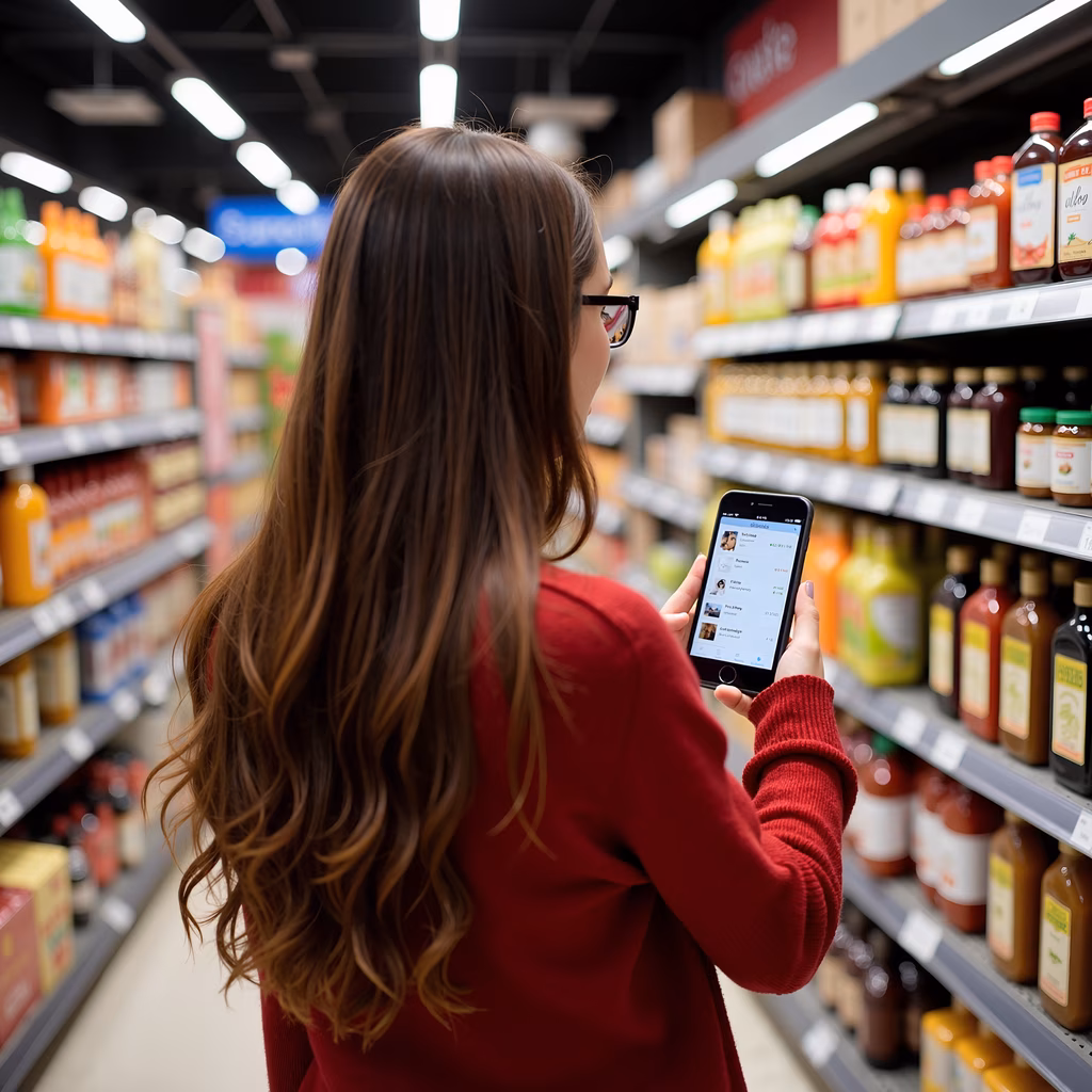 Woman shopping in supermarket aisle, holding smartphone, everyday consumerism.