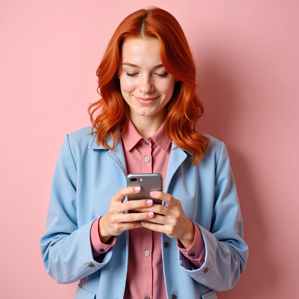 A cheerful portrait of a woman texting in a pastel setting.