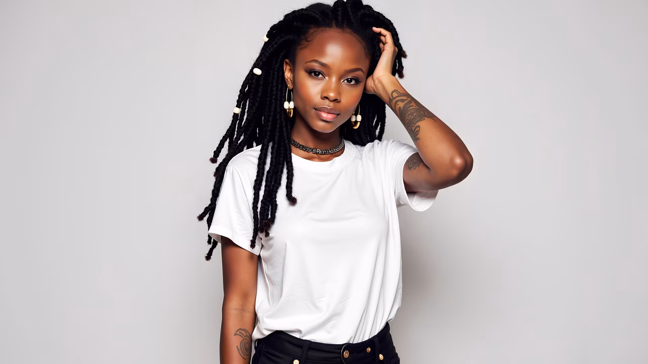 Minimalistic portrait of a woman with intricate braids against a white backdrop.