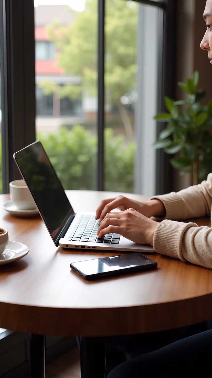 Woman working on laptop in a cozy, productive setting with coffee and phone nearby.