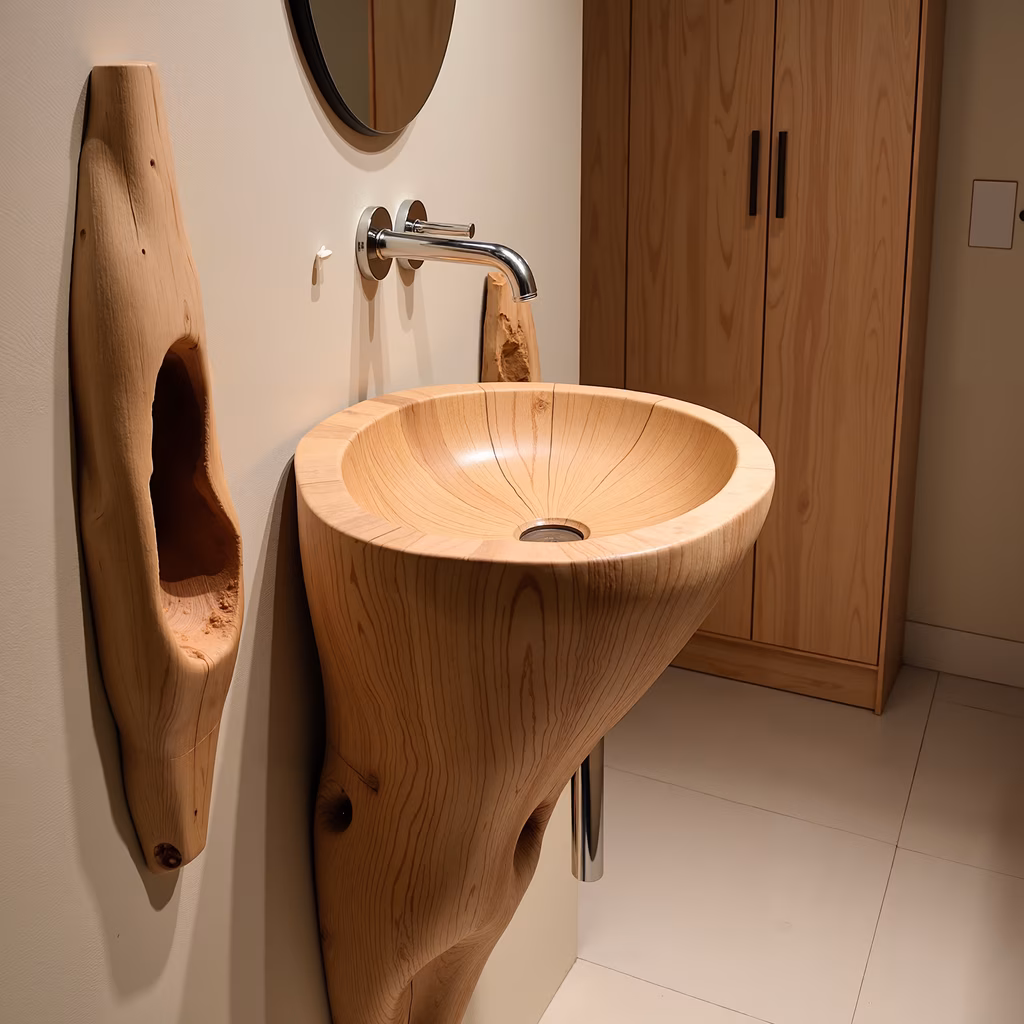 Unique wooden sink sculpture in a modern rustic interior setting.