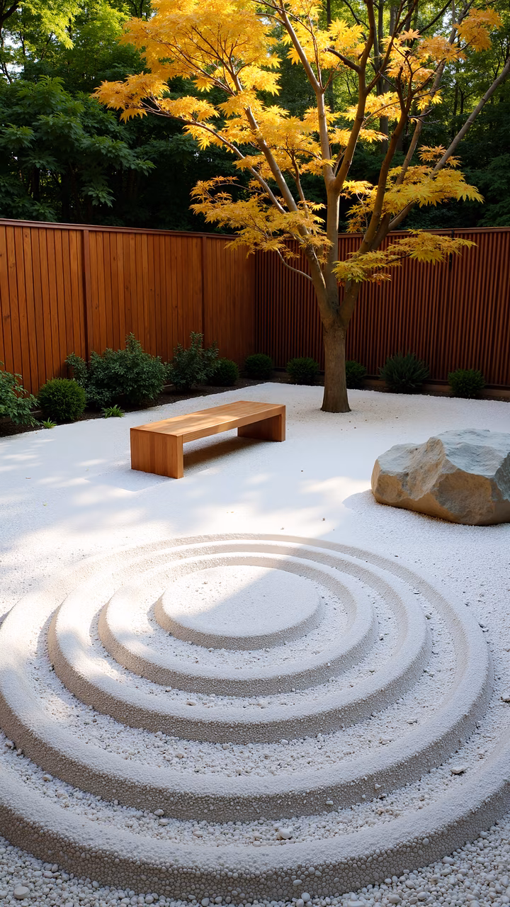 A peaceful Zen garden with a gravel path and wooden bench surrounded by nature.