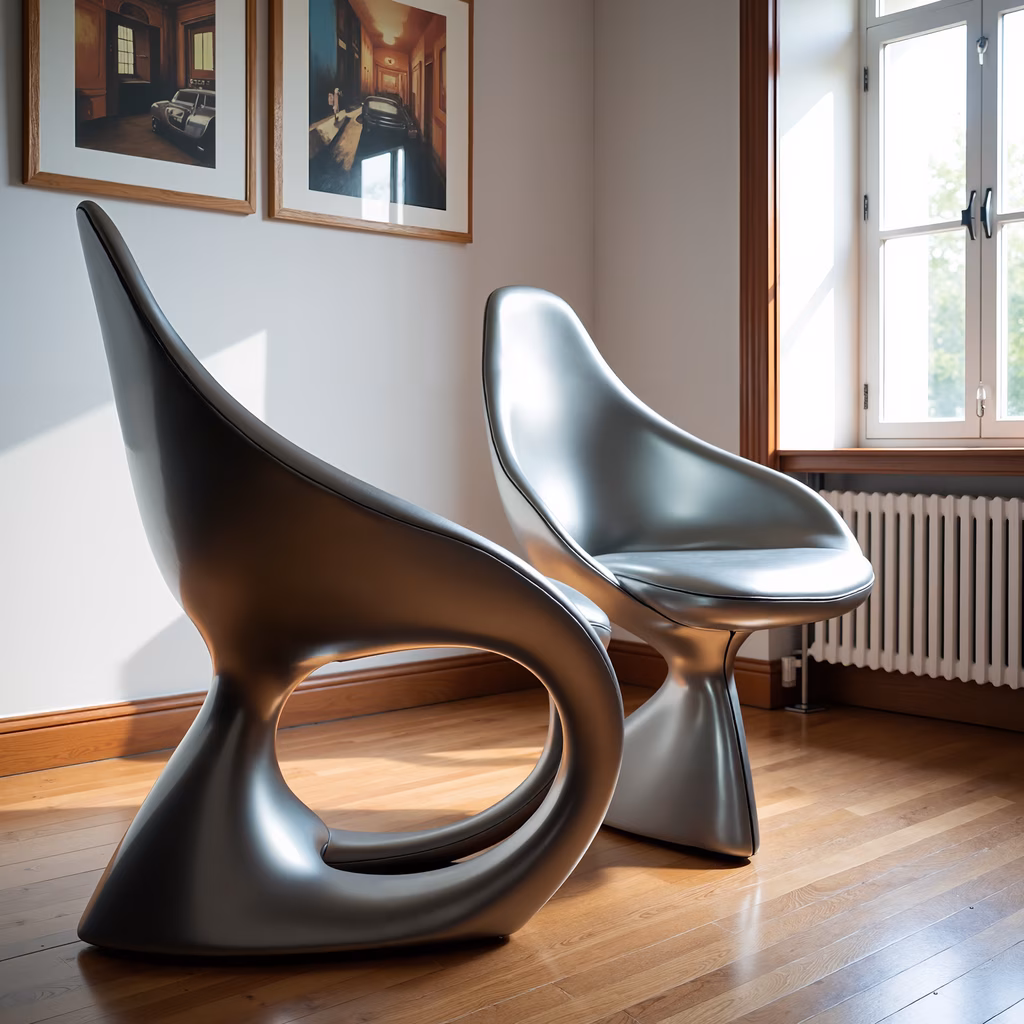 Sleek, modern chairs with organic designs in a minimalist interior setting.
