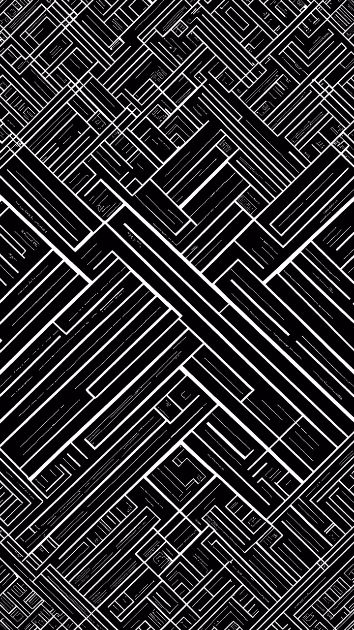 Complex geometric lines in black and white create a dynamic and visually striking abstract pattern.