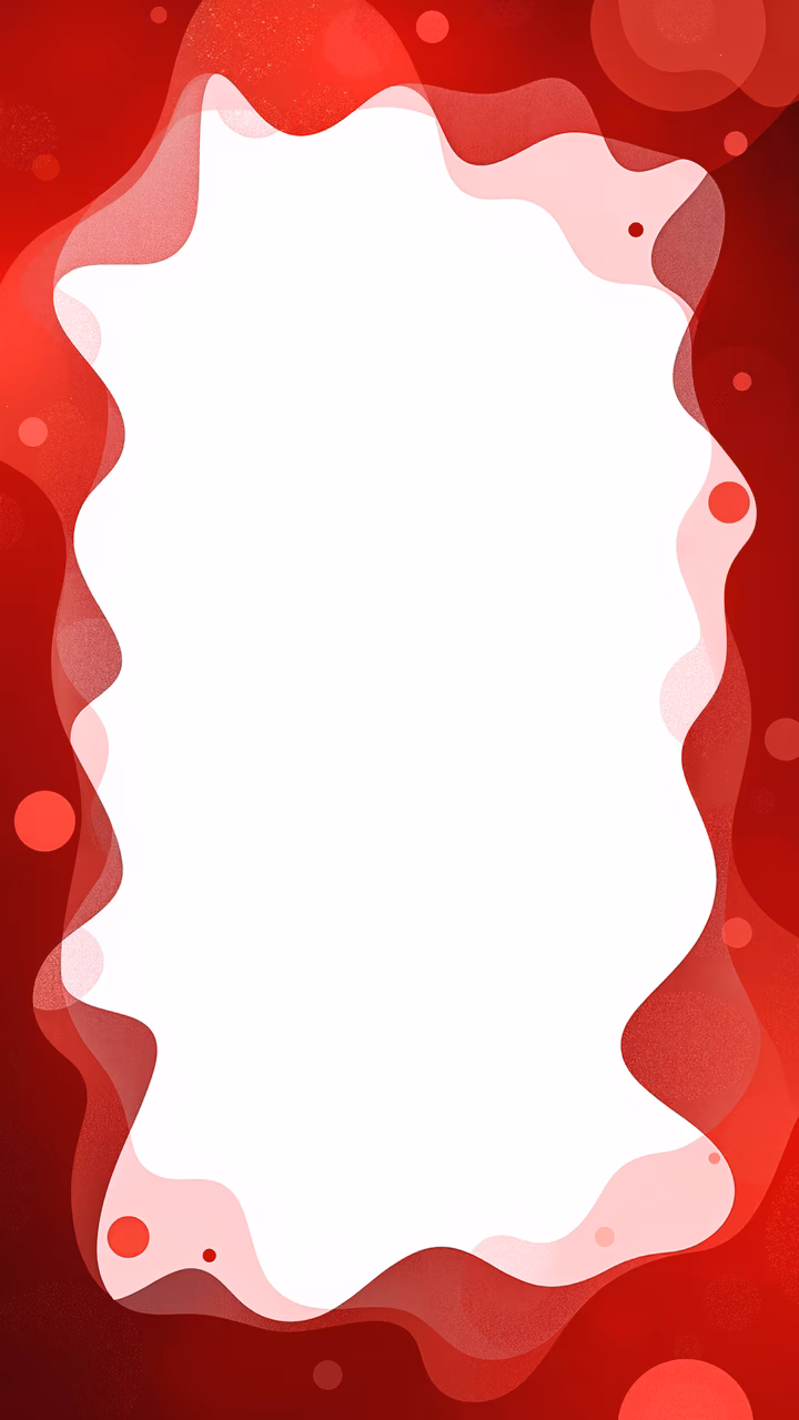 Bold red abstract frame with dynamic wavy shapes and scattered circles.