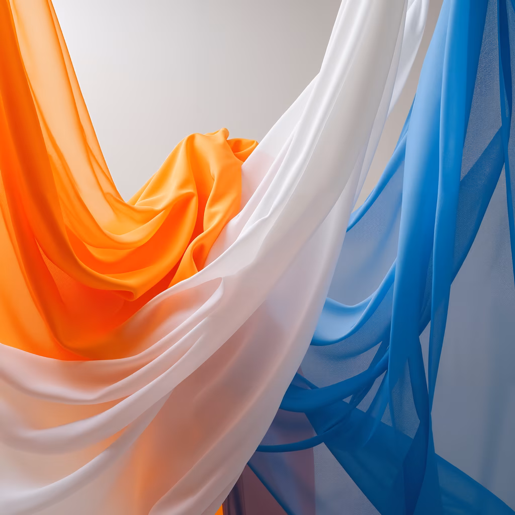 Vibrant silk drapes in orange, white, and blue, creating a serene yet dynamic atmosphere.