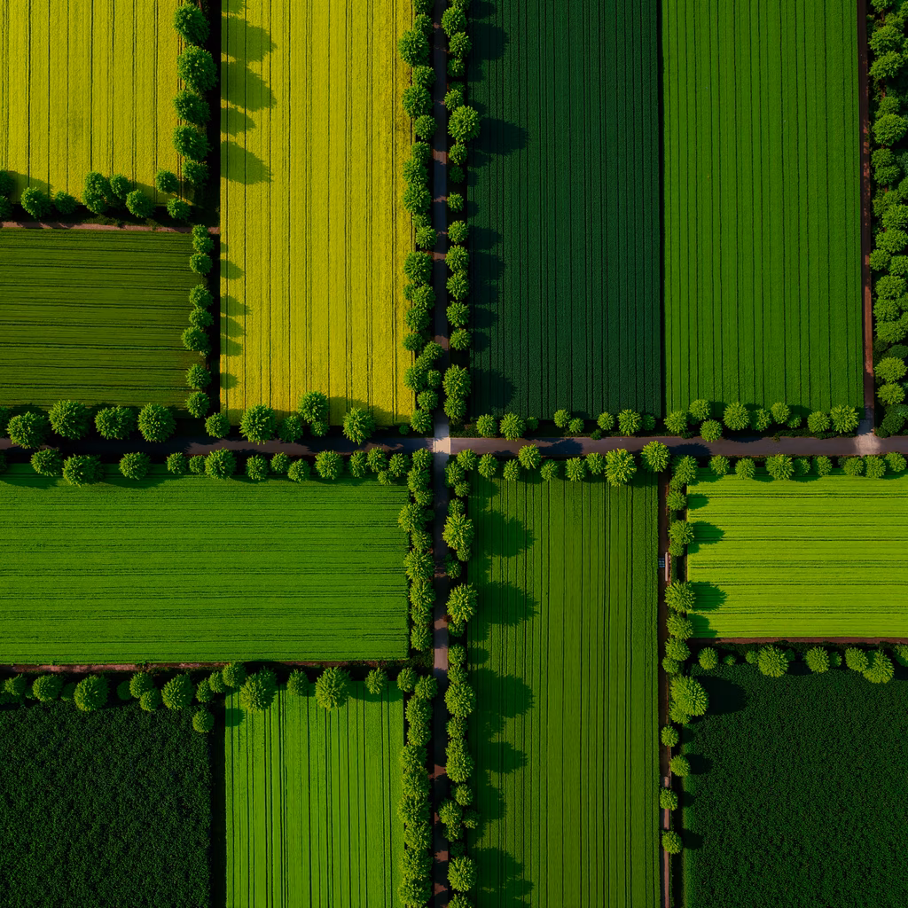 Aerial view of geometrically arranged green fields and roads, showcasing harmony and tranquility.