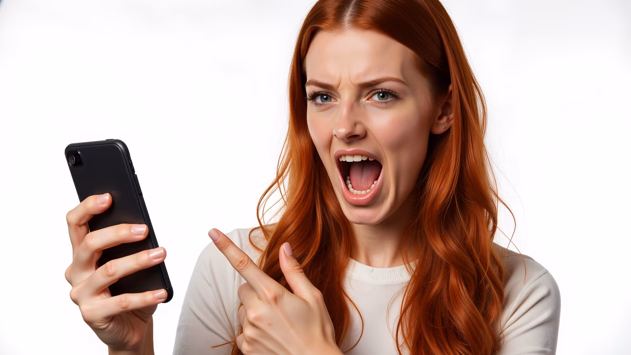 Woman yelling while holding a smartphone against a plain white background.