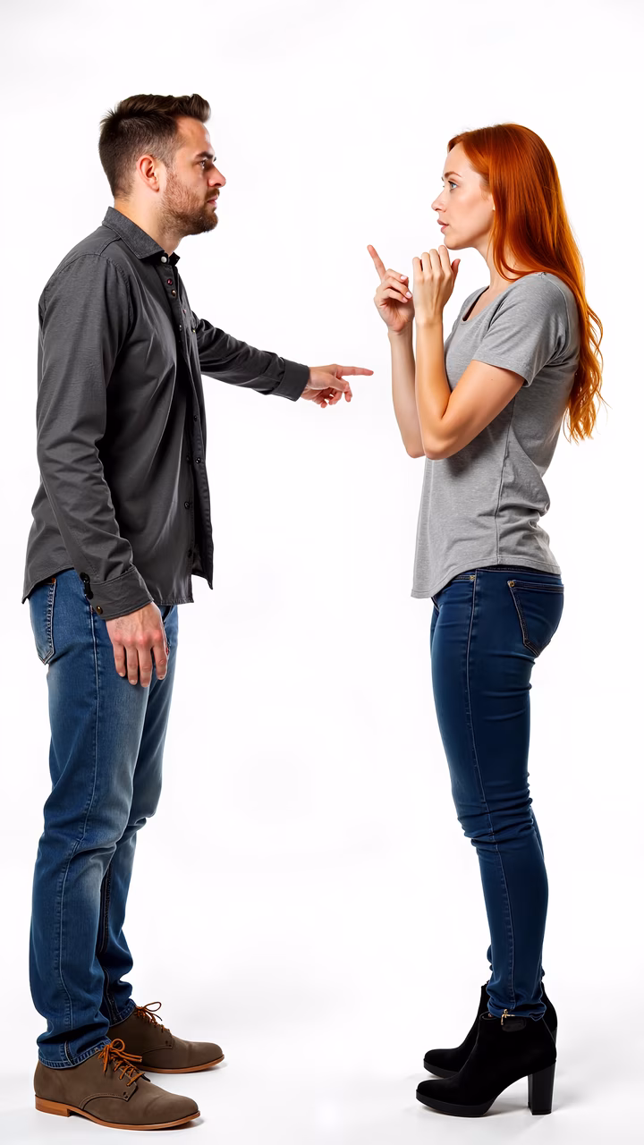 A dramatic portrait of two people in a heated argument against a white backdrop.