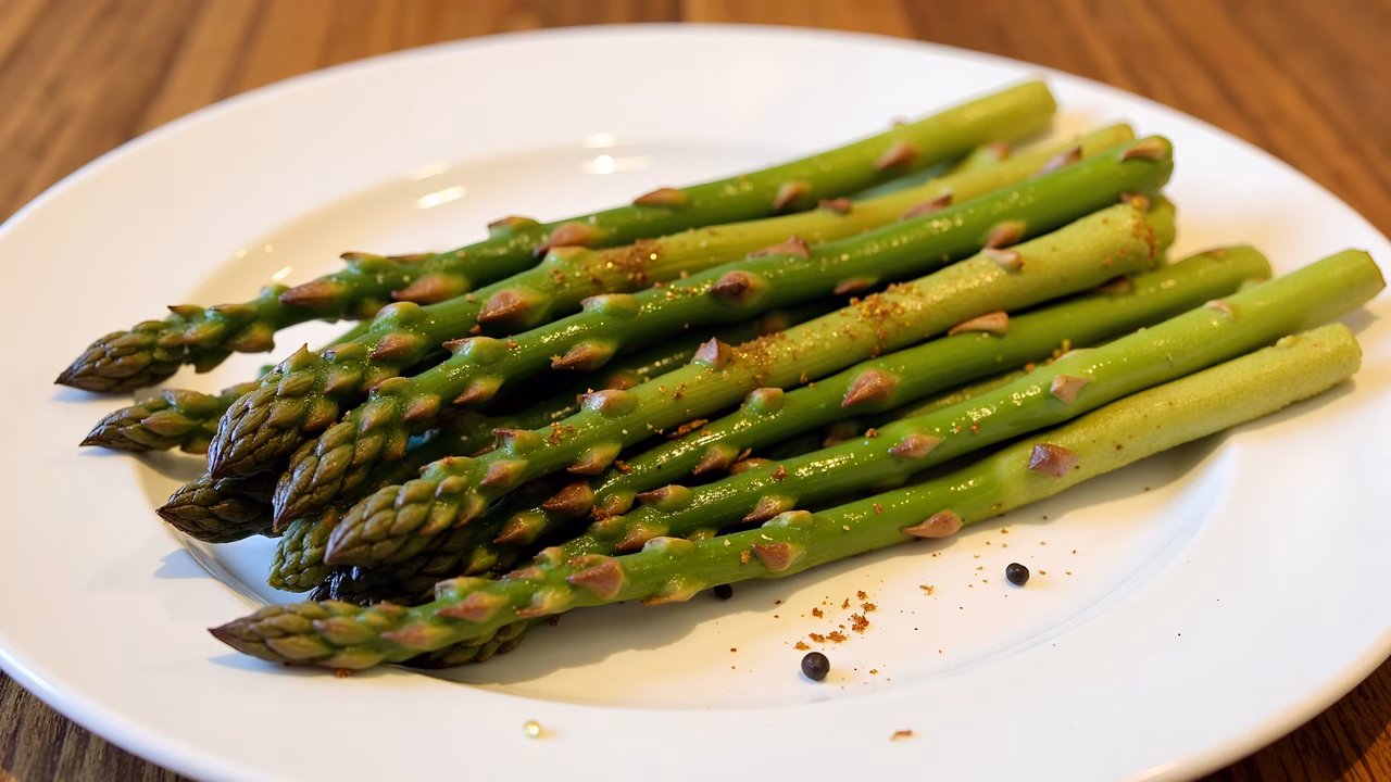 Fresh asparagus spears seasoned and presented on a white plate.