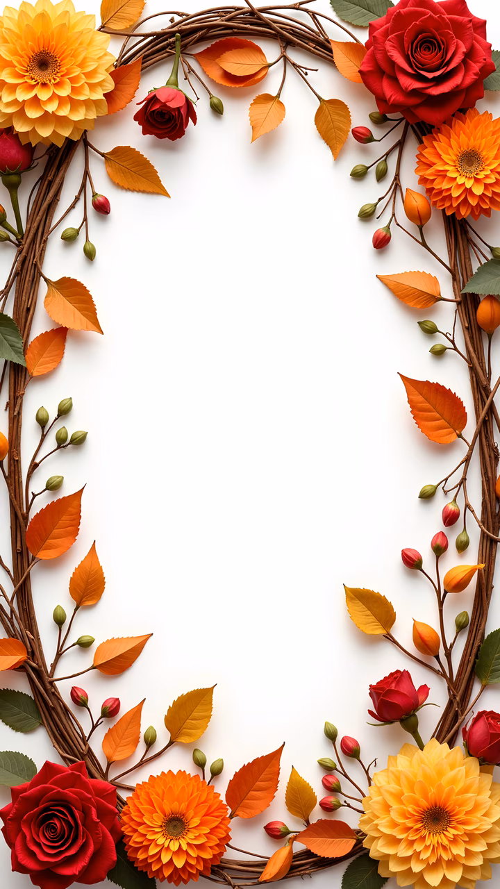 A warm autumnal floral frame with red roses and orange gerberas.