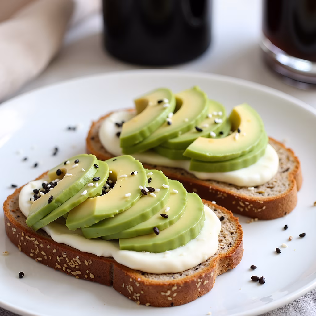 A close-up of avocado toast with sesame seeds, perfect for breakfast or a light meal.