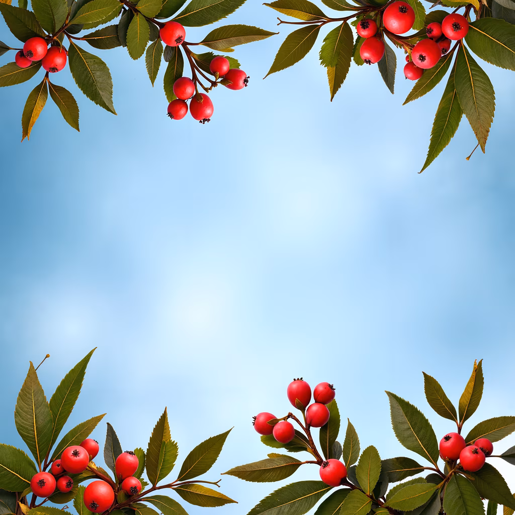 Bright red berries and green leaves against a soft blue sky, evoking a cheerful and lively atmosphere.