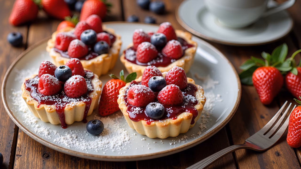 Delicate berry tartlets with raspberries and blueberries, powdered sugar, and fresh strawberries on a rustic wooden table.