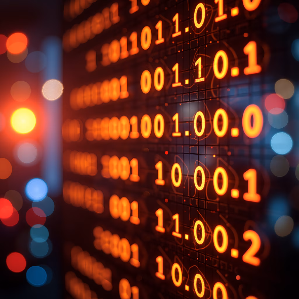 Vibrant binary code grid with bokeh lights, futuristic tech vibe.
