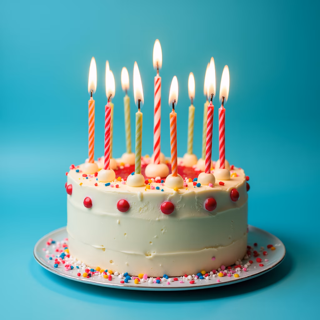 Brightly lit birthday cake with colorful candles and sprinkles on a turquoise background.