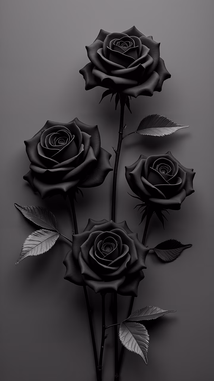 Detailed black roses on a dark gradient background, elegant and sophisticated.