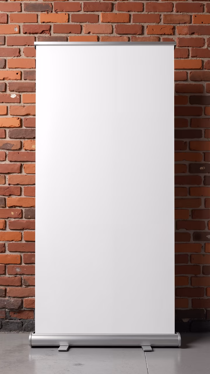 Minimalist urban photography featuring a blank banner against a brick wall.