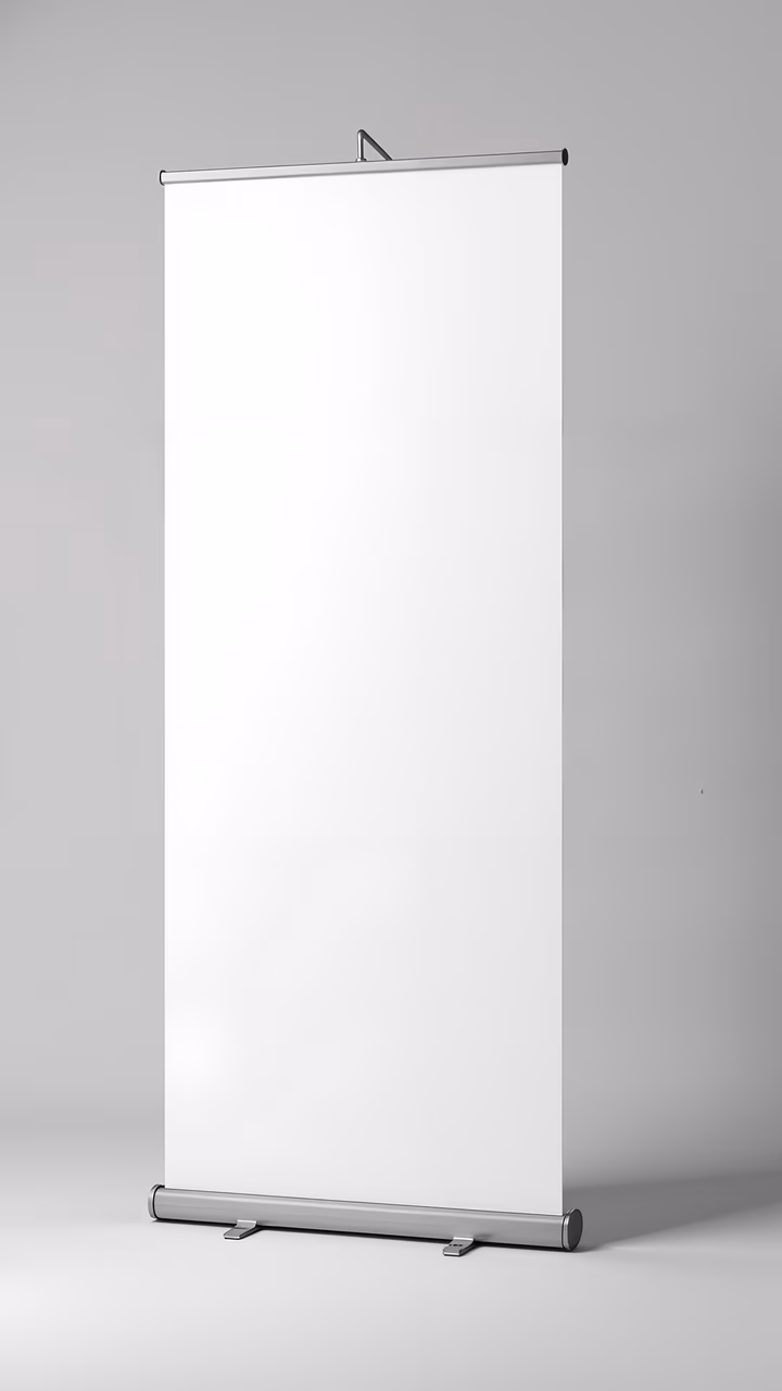 Minimalist banner stand with blank canvas for customization.