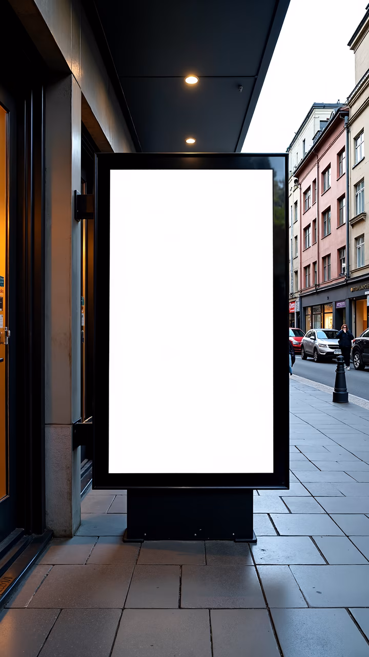 Blank billboard on city sidewalk, evening ambiance.