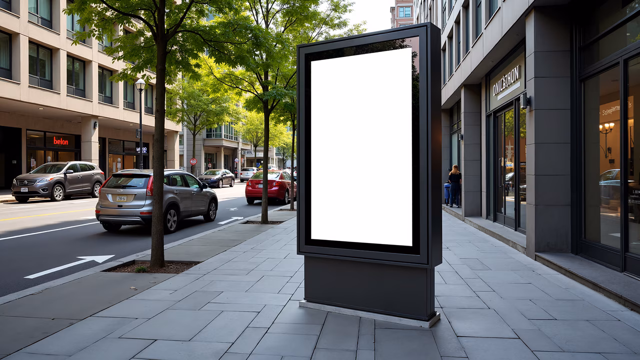 Blank billboard on city street with modern architecture and greenery.