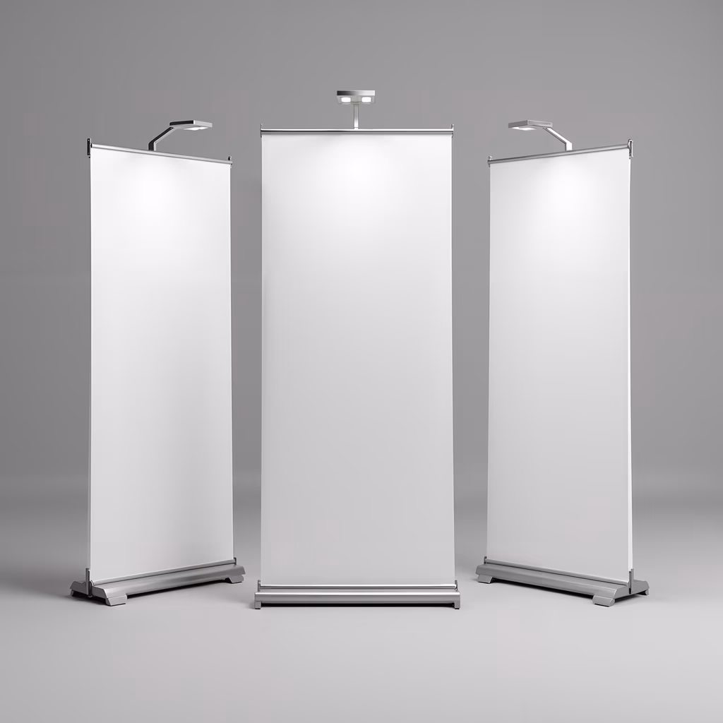 Minimalist blank exhibition stands with spotlights, perfect for commercial displays.